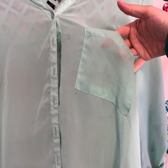 Sheer Sea Foam Green Button Up shirt with lattice cut weaving - Picture 6 of 11